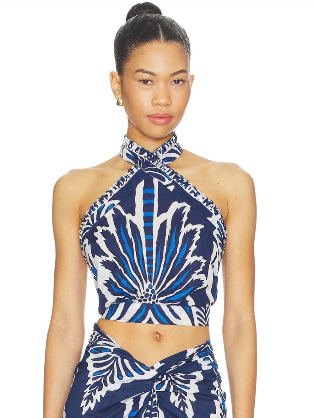 Poupette St. Barth Blue & White Twisted Halter Crop Top